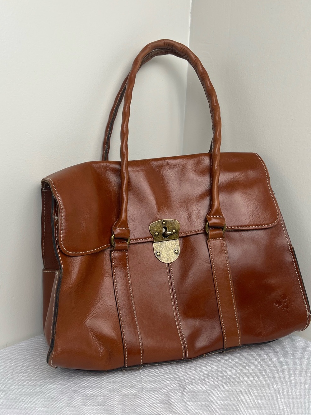 Patricia Nash Vienna Chestnut Brown Leather Satchel with Brass Twist Lock